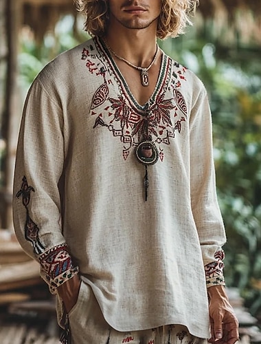  Herren Hemd Leinenhemd Popover-Hemd Sommerhemd Retro-Shirts Ethno-Hemd Geometrisch Urlaub Straße Khaki Langarm V Ausschnitt Sommer Frühling Bekleidung
