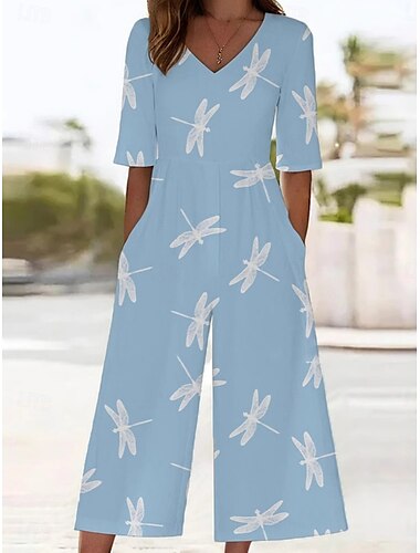  Damen Normal Overall Aktiv Blumen Dreiviertelarm Weites Bein V Ausschnitt Hohe Taille Urlaub Täglich Normale Passform Schwarz Rote Blau Sommer