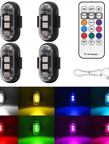  Trådløse LED-strobelys med fjernkontroll 8 farger USB-lading Vanntett antikollisjons-LED-nødvarsellys for bil motorsykkel drone fly sykkel 4 stk