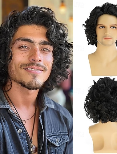  Herren kurze lockige schwarze Perücke hübsche synthetische Vollperücken natürliche Halloween Cosplay Kostüm Haarperücke