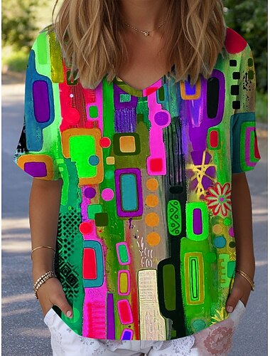  Per donna Maglietta Grafico Geometrico Vintage Elegante Moderno Manica Corta Scollo a V Top Regolari Quotidiano Weekend Stampato Blu Viola Verde Estate
