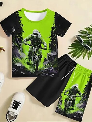  2 delar Barn Pojkar Kostym T-shirt och shorts Utrusta Grafisk Kortärmad Crewneck Uppsättning Utomhus Sport Mode Sommar 4 år + Svart Grön Ljusblå
