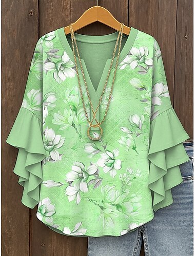 Vrouwen Blouse Gelaagde Ruffle Mouw Tops Bloemen Graphic Bohemia Vintage Dagelijkse 3/4 Lange Mouw V-Hals Reguliere Tops Dagelijkse Vakantie Kleding Print Roze Blauw Paars Groen Zomer Lente Herfst