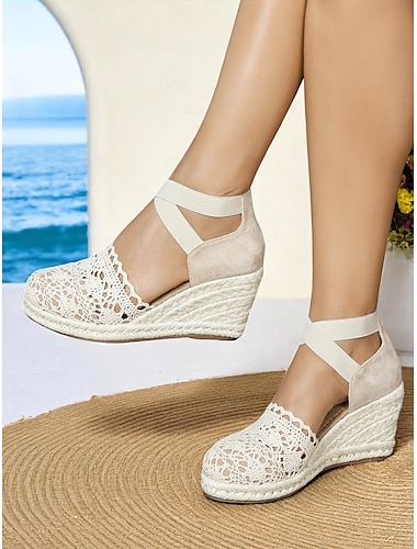  Espadrille-Keilsandalen aus Häkelspitze für Damen – Plateauschuhe im Vintage-Stil mit geschlossener Spitze und Knöchelriemen, ideal für Strandhochzeiten im Sommer und Gartenpartys