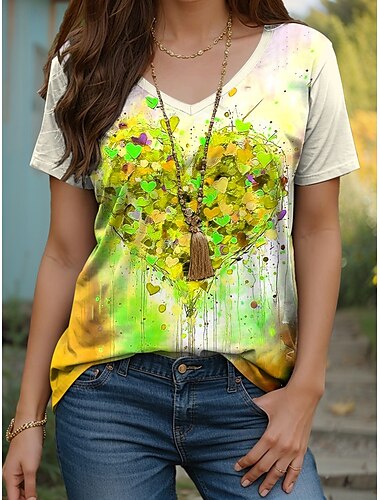  Damen T Shirt Herz Grafik Geometrisch Vintage Modern Lässig Kurzarm V Ausschnitt Normale Oberteile Täglich Wochenende Druck Gelb Rote Blau Purpur Sommer Frühling