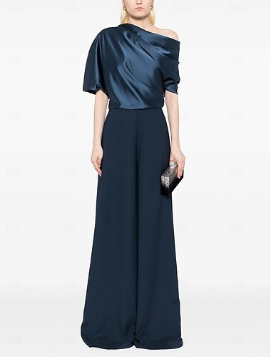  Jumpsuit für die Mutter der Braut, Kleid für Hochzeitsgäste, schlicht, minimalistisch, eine Schulter, bodenlang, Satin-Stretchstoff, kurze Ärmel, gerüscht, 2025