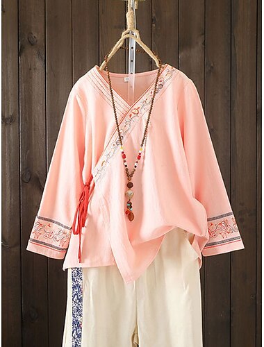  Damen Bluse Grafisch Ethnisch Lässig Lange Ärmel V-Ausschnitt Reguläre Tops Tägliche Bestickt Pink Rot Marineblau Lila Sommer Frühling