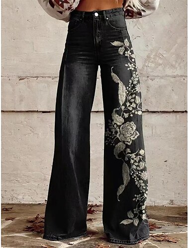  Retro Vintage Boho 1970er Hose Hose mit weitem Bein Hippie Disco Hohe Taille Western Revival Jeans-Imitat Damen Karneval Alltagstauglich Musikfestival Retro-Mottoparty Erwachsene Hose