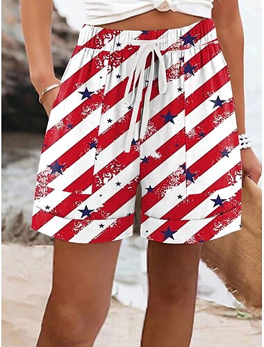  Unabhängigkeitstag Damen Patriotic Fourth of July Hose Chinos Shorts Vintage Lässig Kurz Mid-WaistHosenAmerikanische Grafik Amerikanische Flagge Elastischer Bund Urlaub Straße Tagesdruck Blau Rot