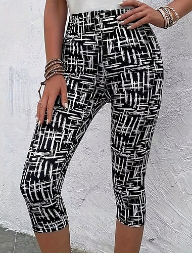  Damen Caprihose Leggings Streetwear Lässig Wadenlang Natürliche Taille Geometrisch Druck Bequem Außenbereich Outdoor Urlaub Alltagstauglich Schwarz Sommer Normale Passform