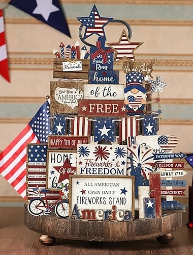 Patriottische gelaagde dienbladdecoratieset voor 4 juli en Memorial Day, rustieke houten rood-wit-blauwe borden, vintage boerderijdecoraties voor Onafhankelijkheidsdag, Glow Americana-feestdecoratie