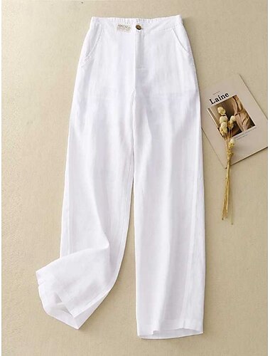  Damen Hose aus Baumwollleinen Weites Bein Chinos Urlaub Ethno-Stil Basic Volle Länge Hohe Taille Einfach Tasche Bequem Weich Mikroelastisch Outdoor Straße Schwarz Weiß Beige Sommer Normale Passform