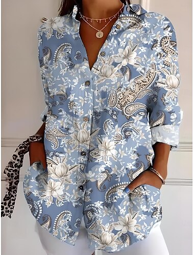  Damen Hemd Blumen Grafik Geometrisch Lässig Langarm Hemdkragen Normale Oberteile Arbeit Täglich Ferien Knöpfe Druck Denim Blue Schwarz Orange Leicht Blau Sommer Frühling