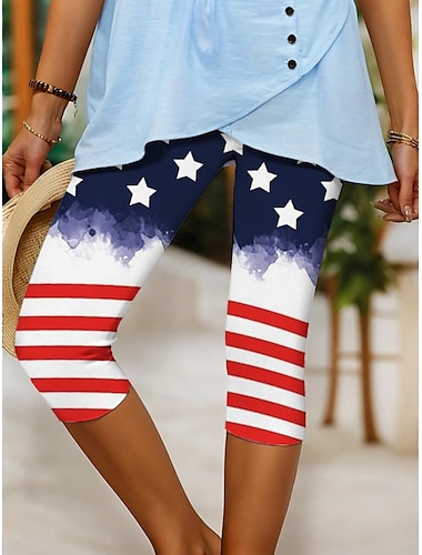  Unabhängigkeitstag Damen Capri-Hosen Patriotische Fourth of July Leggings Urlaub Vintage Mode Knöchellange Hohe Taille Hosen Stern Farbverlauf Gestreiftes Druck Atmungsaktiv Weich Dehnbar Outdoor