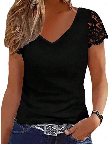  Blusa de Mujer Tops de Encaje Color Sólido Diario Casual Manga Corta Cuello en V Tops Regulares Diario Aplicación de Encaje Negro Blanco Verano