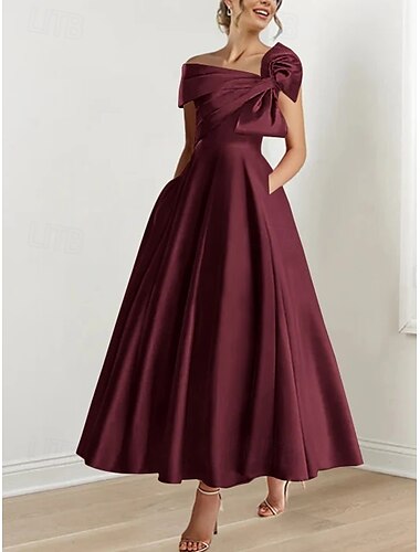  A-Linie Cocktailkleider Elegant Kleid Formell Hochzeit Knöchellänge Kurzarm Ein-Schulter Rosa Kleid Satin mit Schleife(n) 2025