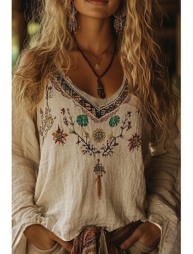  Dam västerländsk blus Boho skjorta Blus Blomma Modern Ledigt Långärmad V-hals Vanliga toppar Dagligen Helgdag Utekväll Mönster Aprikos Sommar