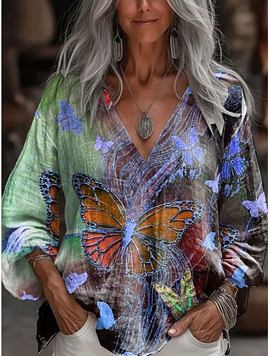  Damen Bluse Grafik Schmetterling Stilvoll Lässig Dreiviertelarm V Ausschnitt Normale Oberteile Täglich Blau Purpur Orange Grün Sommer Frühling