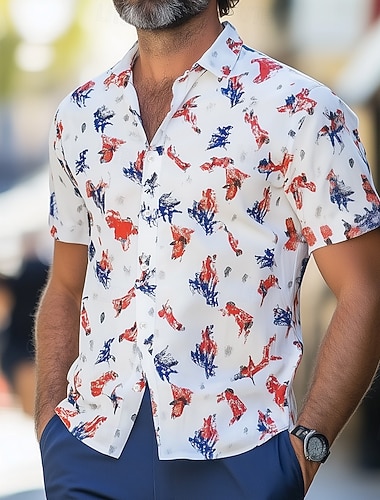  Nationalfeiertag Herren Patriotisch Französische Flagge Hemd Sommerhemd Knopfhemd Kurzarm Modisch lässig Ferien Festival Sommer Frühling Umlegekragen 3D-Druck Hemden mit Kragen Weiß