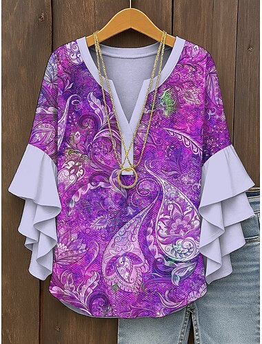  Dames Blouse Grafisch Paisley Elegant Bohemen Etnisch 3/4 mouw V-hals Normale tops Dagelijks Feestdagen Vakantiekleding Ruche Afdrukken Rood blauw Paars Oranje Groen Zomer Lente Herfst