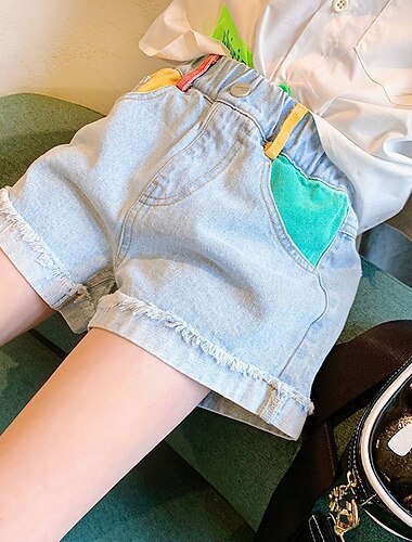  Kinder Mädchen Kurze Hose Farbblock Streetwear Patchwork Schule 4-12 Jahre Sommer Blau