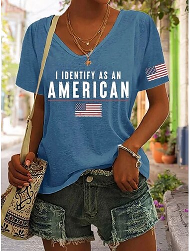  Unabhängigkeitstag Frauen Patriotisch Fourth of July T-Shirt Grafische Amerikanische Flagge Vintage Stylisch Klassisch Kurzärmlig V-Ausschnitt Reguläre Tops Täglicher Wochenende Druck Schwarz Weiß
