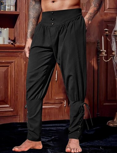  Herren Leinenhosen Hose Sommerhose Freizeithose Piratenhose Elastischer Bund Bein Kordelzug Einfach Komfort Atmungsaktiv Volle Länge Urlaub Party Lässig Ethno-Stil Retro Vintage Schwarz Himmelblau