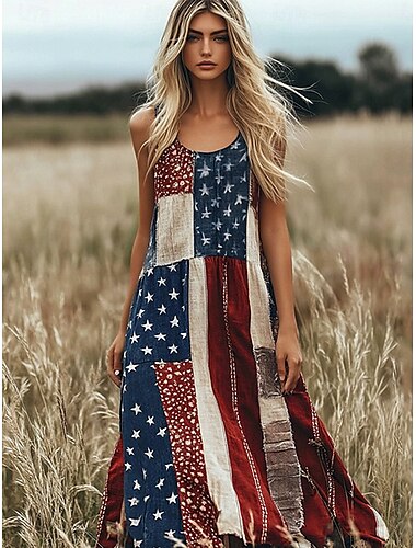 Unabhängigkeitstag Frauen Patriotisches vierter Juli Maxikleid A-Linie Kleid Kleid Off-The-Shoulder Kleid Urlaub Casual Party Straße Reguläre Passform Grafik Flagge Ärmellos Quadrat-Ausschnitt