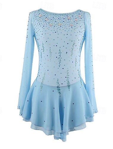  Figure Skating Dress Women's Girls' Ice Skating Dress Blue Patchwork Thumbhole Mesh Spandex Stretchy Training Practice Professional Skating Wear Thermal Warm Crystal / Rhinestone Long Sleeve Ice