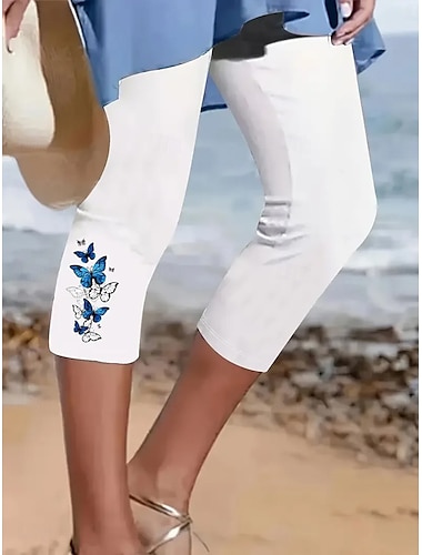  Femmes Pantalon capri Leggings Vacances ancien Mode Longueur mollet Taille haute Graphique Papillon Broderie Avec Poches Impression Respirant Doux Élastique Extérieur Vacances Rue Noir Blanche Ét