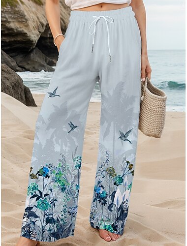  Damen Weites Bein Chinos Baggy-Hosen Urlaub Vintage Mode Volle Länge Hohe Taille Blumen Grafik Kordelzug Drucken Atmungsaktiv Weich Mikroelastisch Urlaub Straße Lässig Violett Rubinrot Rote Grün