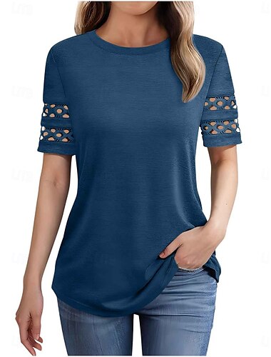  Femmes Haut d'épissage en dentelle Hauts d'été Couleur Unie Élégant Basique Occasionnel Manche Courte Col ras du cou Hauts Réguliers Quotidien Dentelle Patchwork Noir bleu marine Violet Orange Vert