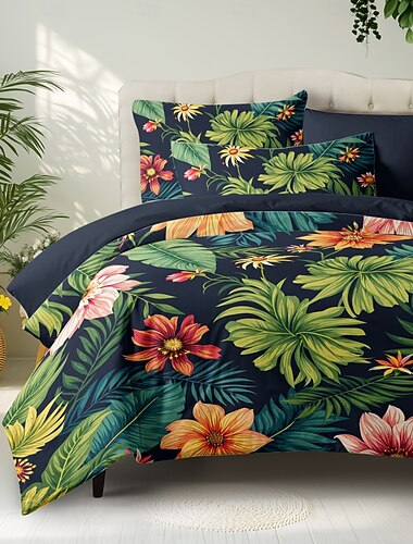  Funda nórdica de plantas tropicales y flores 100% algodón set de ropa de cama tamaño completo cubierta de colcha suave y ligera con 2 fundas de almohada para todas las estaciones