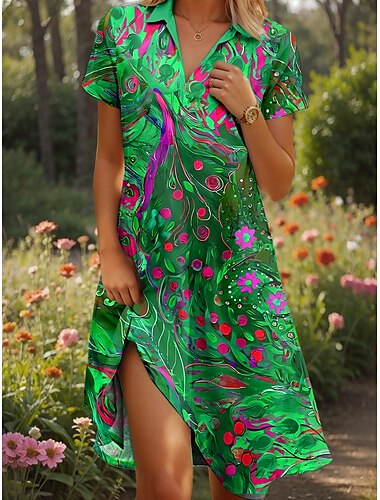  Damen Midikleid A Linie Kleid Sommerkleid Urlaub Lässig Strand Date Sommerkleid Normale Passform Grafik Geometrisch Abstrakt Kurzarm Revers Rote Blau Grün Sommer