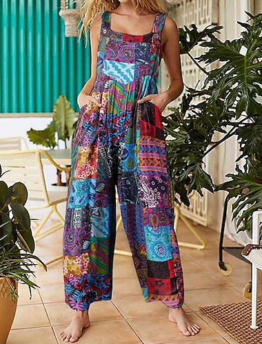  Dam Vanligt Jumpsuits Streetwear Blommig Ärmlös U-hals Ficka Mönster Gata Dagligen Normal Gul Blå Grön Sommar