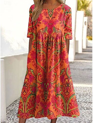  Damen Midikleid Sommerkleid Faltenkleid Urlaub Lässig Ferien Lässiger Schnitt Blumen Grafik Kurzarm Rundhalsausschnitt Blau Orange Beige Sommer