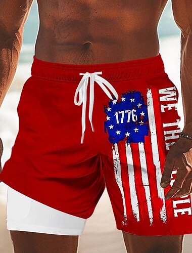  Tag der Unabhängigkeit Herren US Flagge Patriotisch Vierter Juli Gefütterte Shorts 2 in 1 Badeshorts Badeshorts Mittlere Taille Ferien Seitentaschen Mit Kompressionsfutter Elastischer Kordelzug in