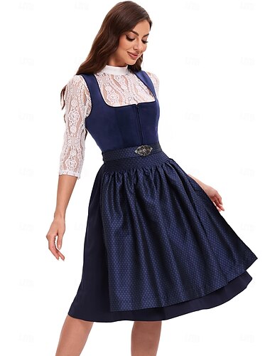  Damen Grünes Bayerisches Dirndl Kleid mit Satinschürze und Spitzentop für das Oktoberfest