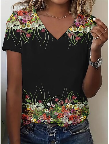  Dames T-shirt Zomer tops Bloemig Grafisch Klassiek Casual Korte mouw V-hals Croptops Dagelijks Weekend Afdrukken Zwart Zomer Lente Herfst