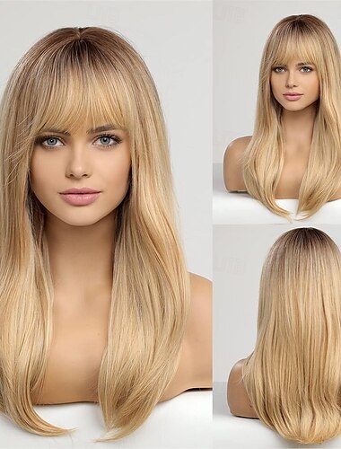  lange blonde Perücken für Frauen glatte Perücken mit Pony synthetische Stufenhaarperücke mit dunklen Wurzeln
