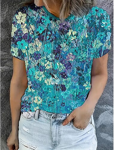  Mujer Camiseta Tops de verano Graphic Flores de pintura al óleo Clásico Casual Manga Corta Cuello Barco Tops cortos Diario Fin de semana Estampado Arco Iris Verano Primavera Otoño