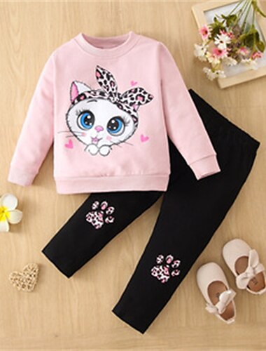  2-delig Kinderen Voor meisjes Kat Ronde hals Sweatshirt- en joggingbroekset reeks Lange mouw Modieus Buiten 4 jaar + Lente Diep Roze Blozend Roze Paars