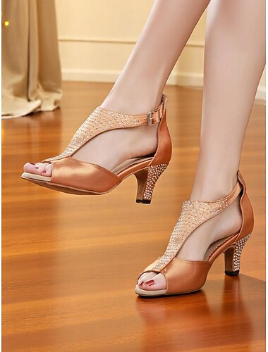  Damen-Latein-Tanzschuhe aus Satin mit Strass-T-Riemen und mittelhohem Absatz, professionelle Ballsaal-Salsa-Sandalen für Wettkämpfe oder zum Training