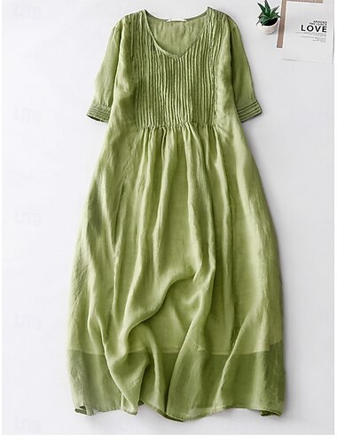  Abito midi in cotone e lino da donna, modello a trapezio, estivo, casual, quotidiano, vestibilità regolare, tinta unita, mezza manica, scollo rotondo, bianco, blu, viola, verde, estivo