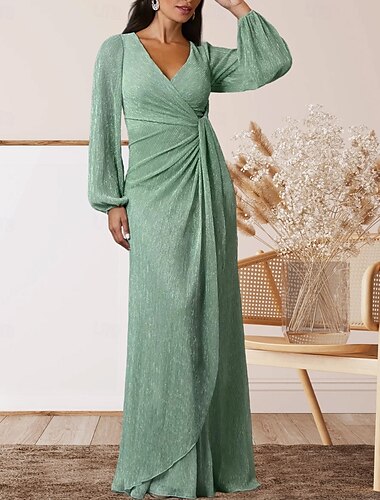  A-Linie Brautmutterkleid Hochzeitsgast Elegant Süß V Ausschnitt Bodenlang Chiffon Langarm mit Rüschen Raffung 2025