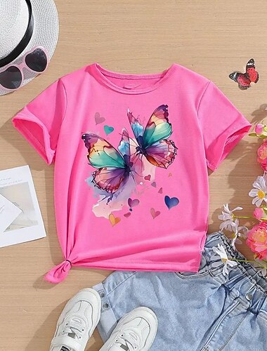  Mädchen 3D Schmetterling T-Shirt Kurzarm Sommer Frühling Mode Basic Kinder 4-12 Jahre Rundhalsausschnitt Outdoor Lässig Täglich Normale Passform