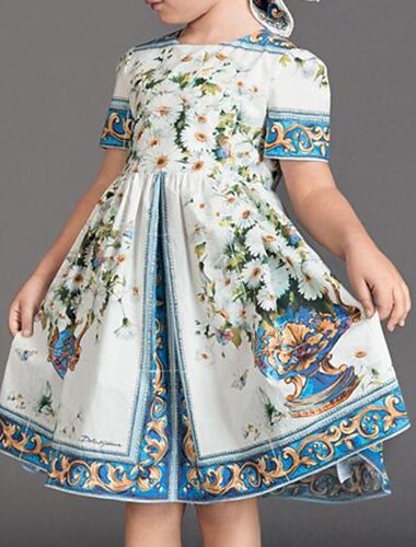  Enfants Fille Robe Fleur Manche Courte Extérieur Froncé Adorable Basique Coton Mi-long Robe Décontractée Robe Fleurie Été 4 ans et + Blanche