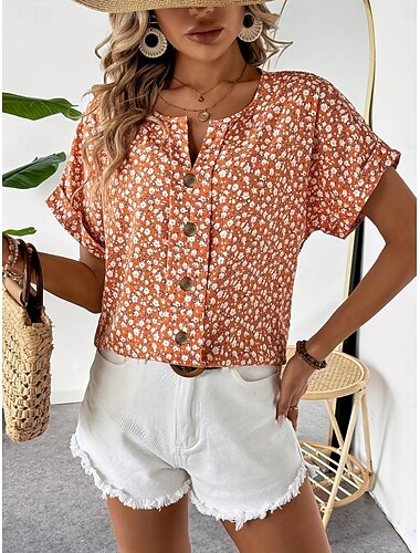  Blusa da donna con bottoni floreale elegante casual a maniche corte scollatura rotonda top regolari stampa rosa blu navy arancione estate