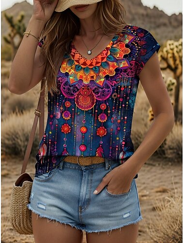  damer bohemiskt linne grafisk geometrisk vintage snygg klassisk ärmlös kortärmad v-ringning vanlig toppar dagligen tryck gul blå fuchsia orange sommar vår