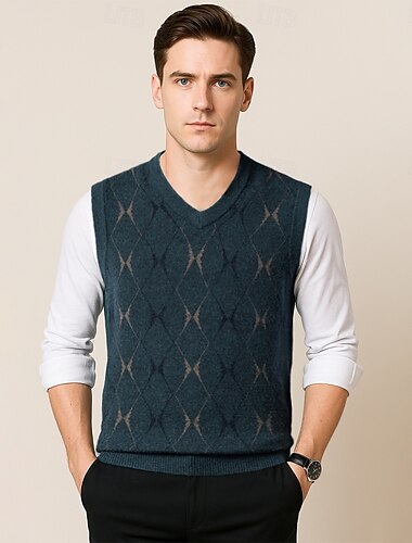  Herren Pullunder Stricken Geometrisch V Ausschnitt Smart Casual Formell Urlaub Bekleidung Frühling Herbst Wein Dunkelgrün S M L